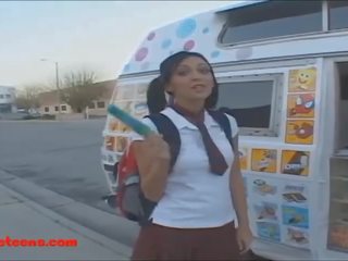 Icecream truck blond short haired teen fucked and eats cumcandy